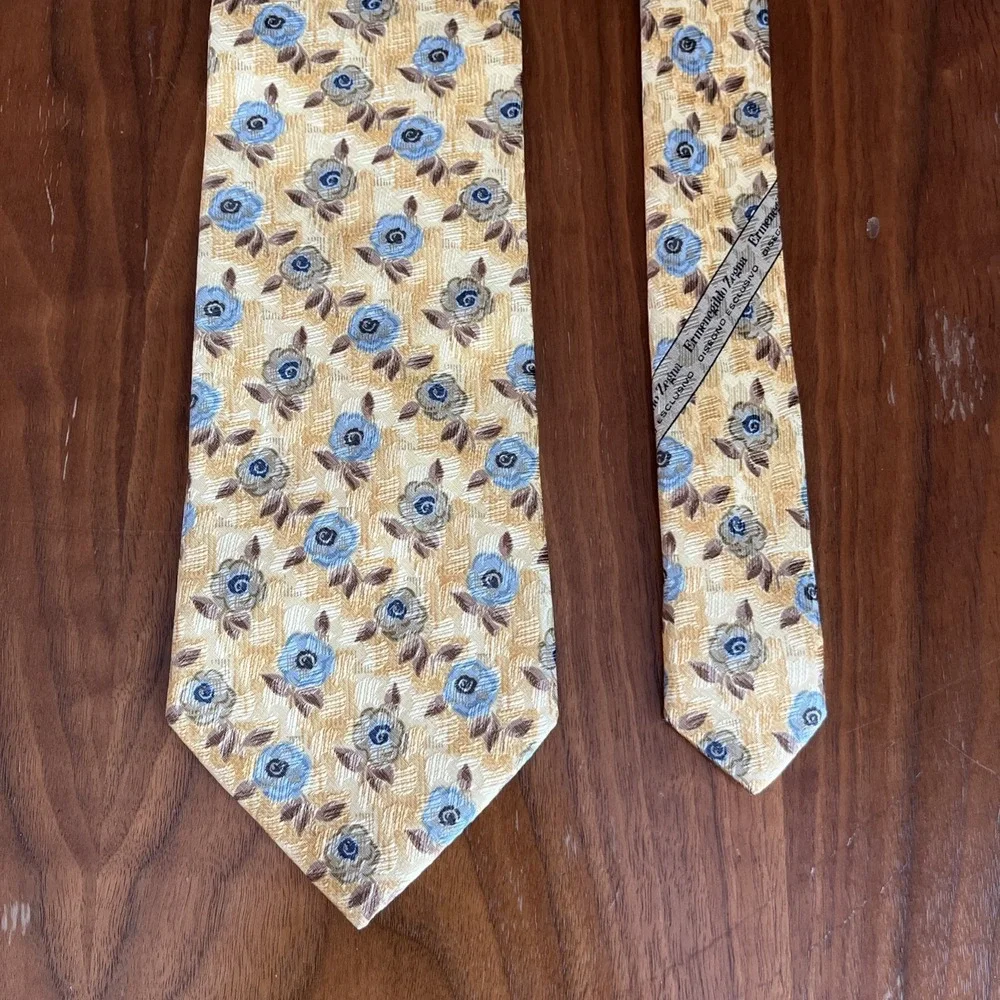 Ermenegildo Zegna Silk Tie Yellow Blue Green Floral All Over Beautiful Italy